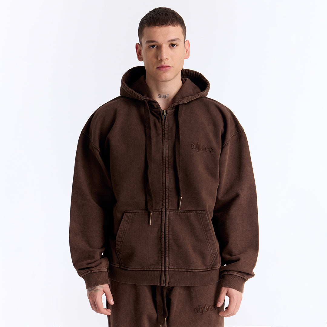 Kahverengi Yıkamalı Kapüşonlu Fermuarlı Oversize Sweatshirt