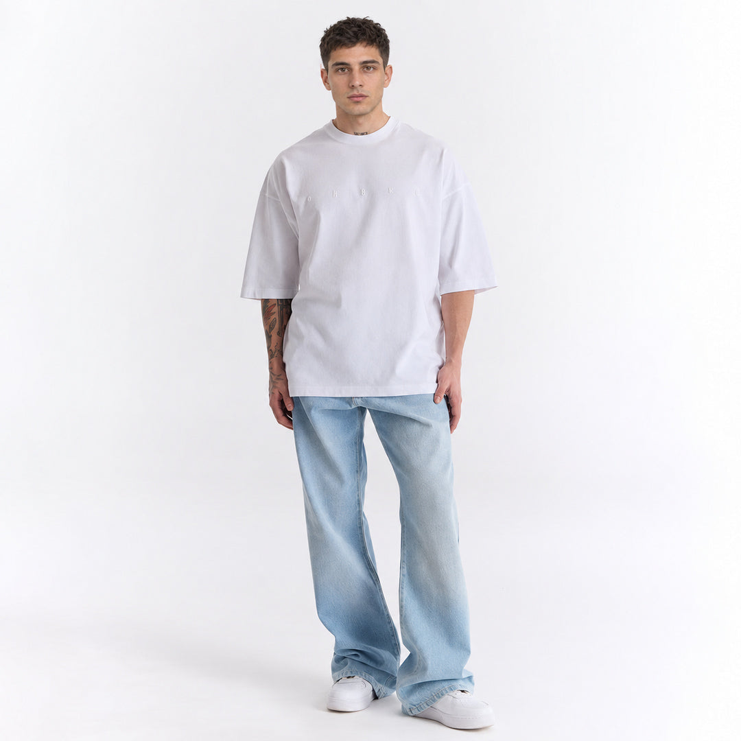Beyaz Uzun Logo Super Oversize Tişört