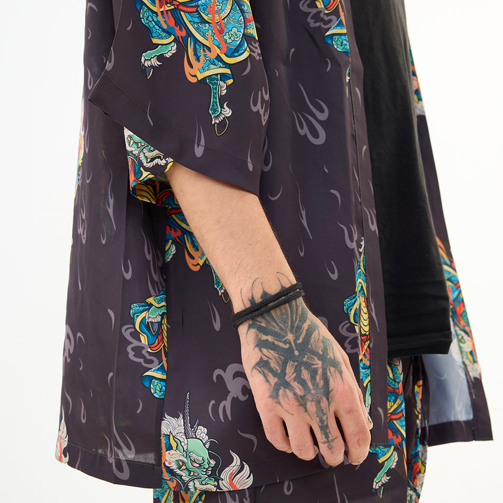 Antrasit Kirin Ejderha Desenli Kimono Gömlek