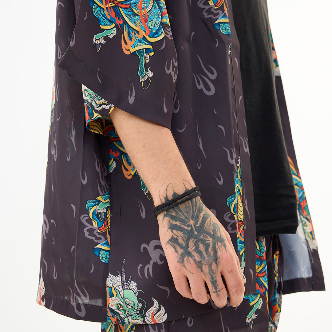 Antrasit Kirin Ejderha Desenli Kimono Gömlek