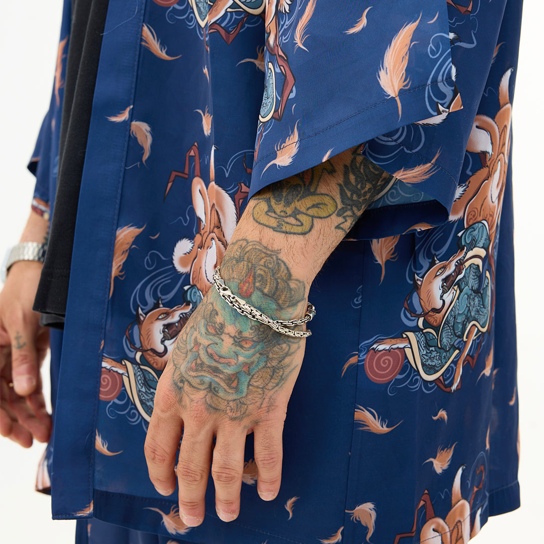 Lacivert Kitsune Tilki Desenli Kimono Gömlek