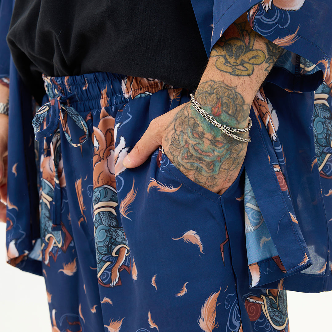 Lacivert Kitsune Tilki Desenli Relaxed Fit Pantolon