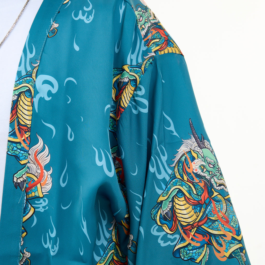 Boğaz Mavisi Kirin Ejderha Desenli Kimono Gömlek