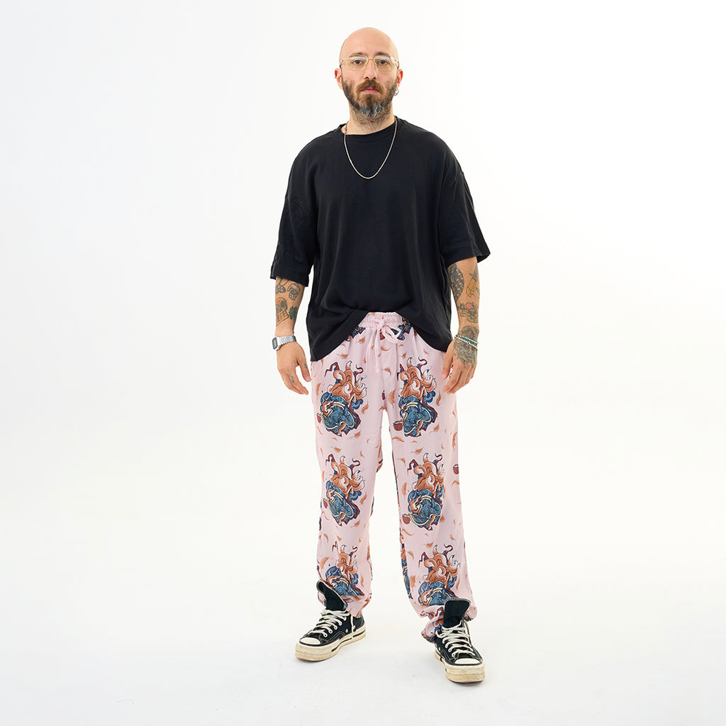 Pembe Kitsune Tilki Desenli Relaxed Fit Pantolon