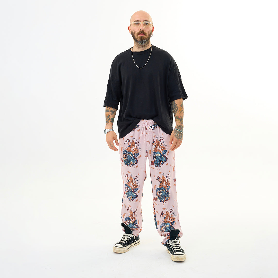 Pembe Kitsune Tilki Desenli Relaxed Fit Pantolon