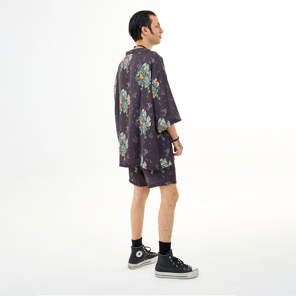 Antrasit Kirin Ejderha Desenli Kimono Gömlek