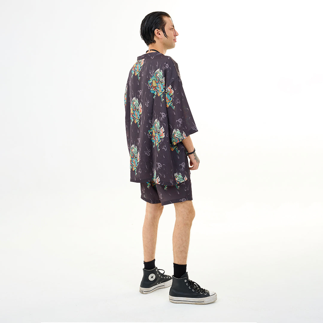 Antrasit Kirin Ejderha Desenli Kimono Gömlek