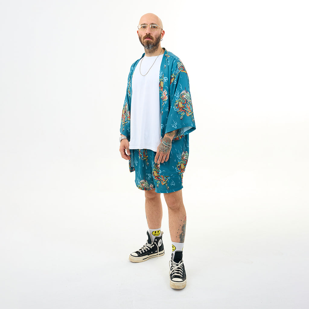 Boğaz Mavisi Kirin Ejderha Desenli Kimono Gömlek