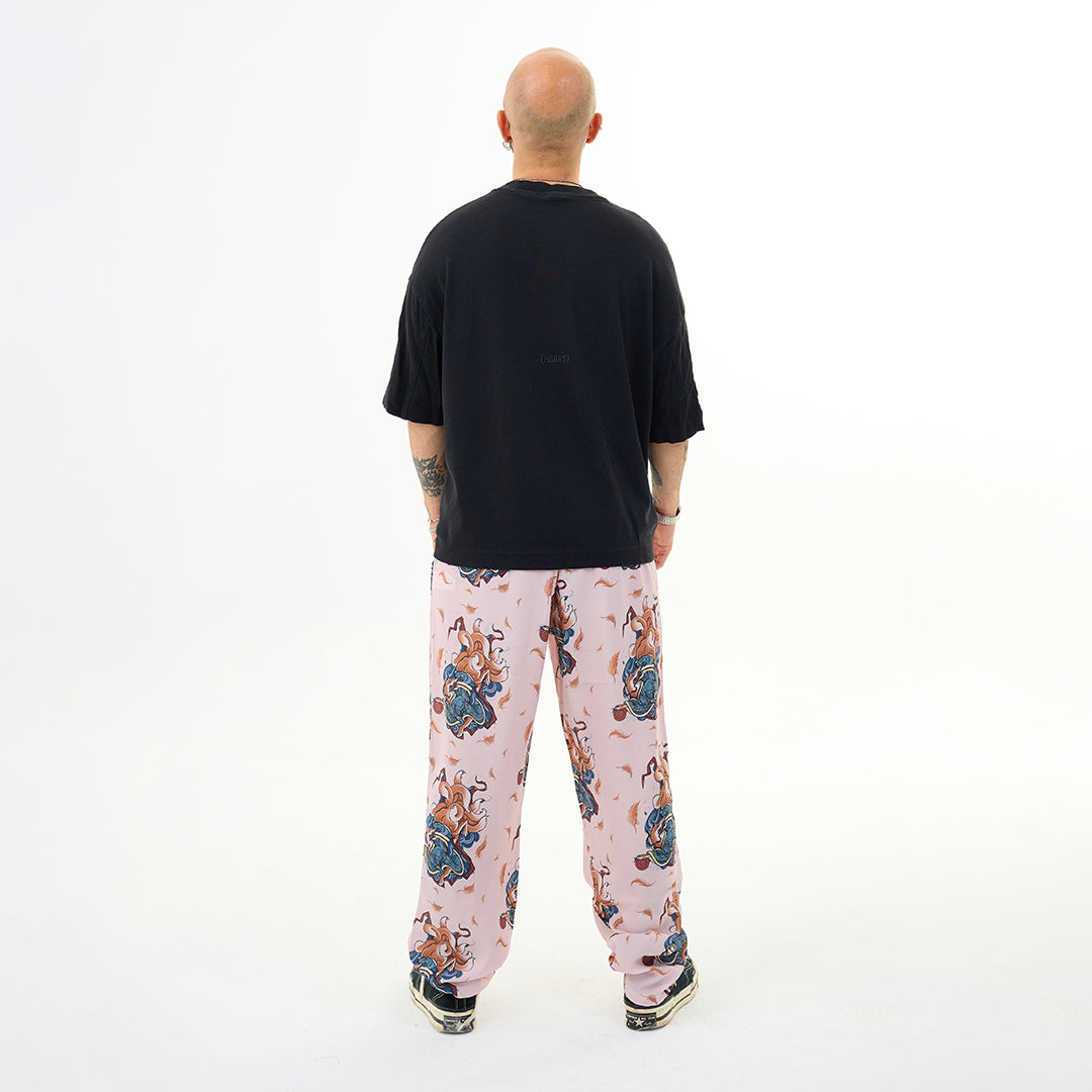 Pembe Kitsune Tilki Desenli Relaxed Fit Pantolon