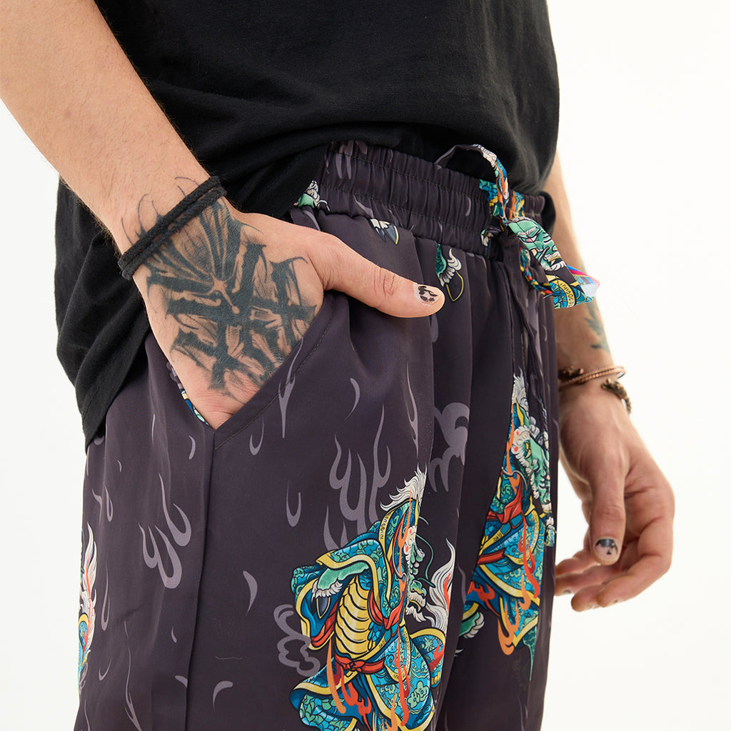 Antrasit Kirin Ejderha Desenli Relaxed Fit Pantolon