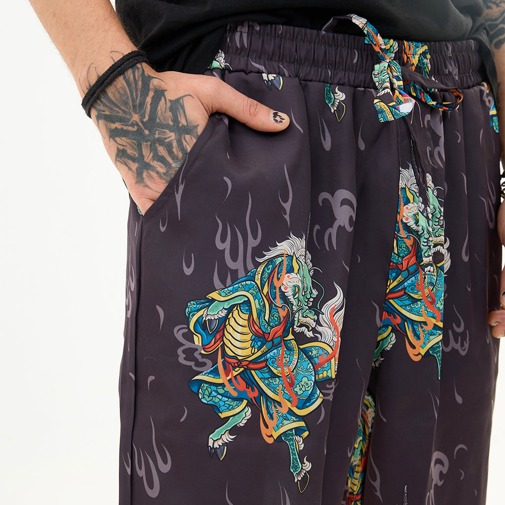 Antrasit Kirin Ejderha Desenli Relaxed Fit Pantolon