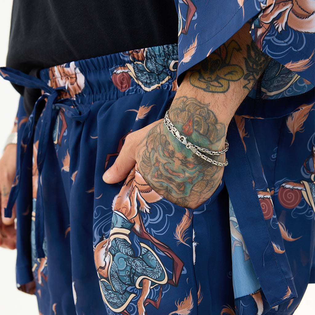 Lacivert Kitsune Tilki Desenli Relaxed Fit Pantolon