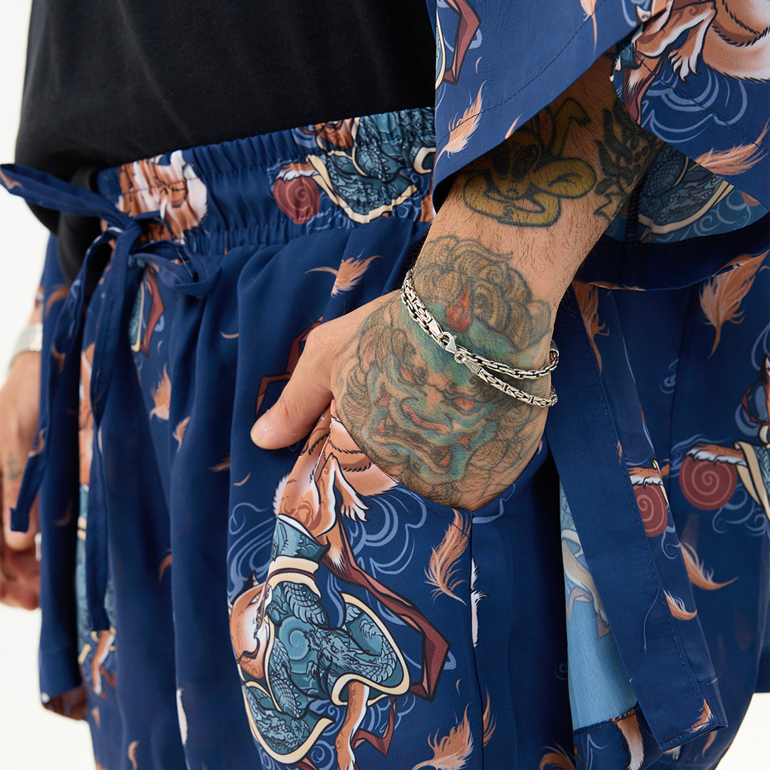 Lacivert Kitsune Tilki Desenli Relaxed Fit Pantolon
