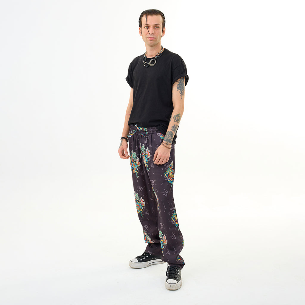 Antrasit Kirin Ejderha Desenli Relaxed Fit Pantolon