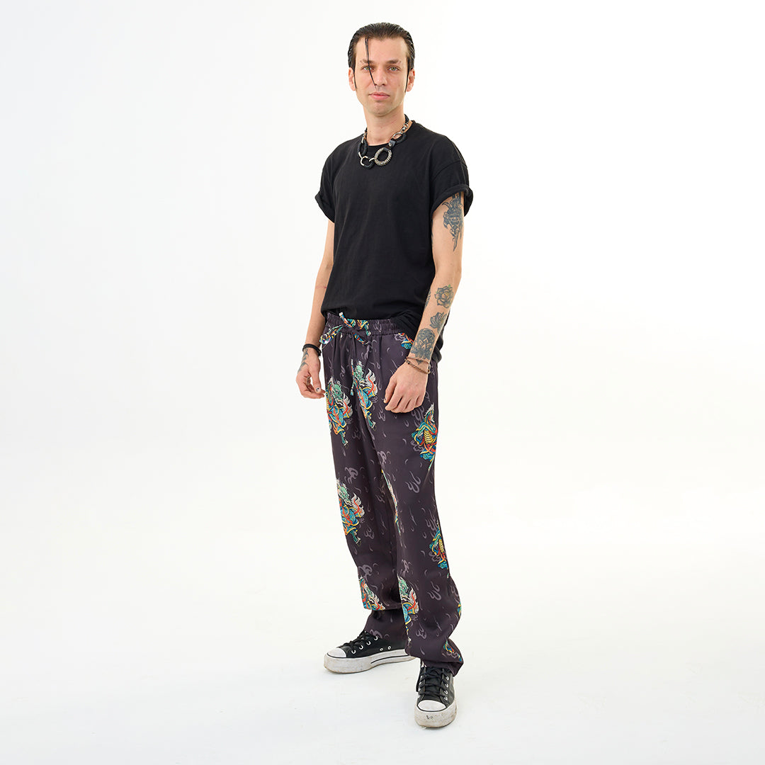Antrasit Kirin Ejderha Desenli Relaxed Fit Pantolon