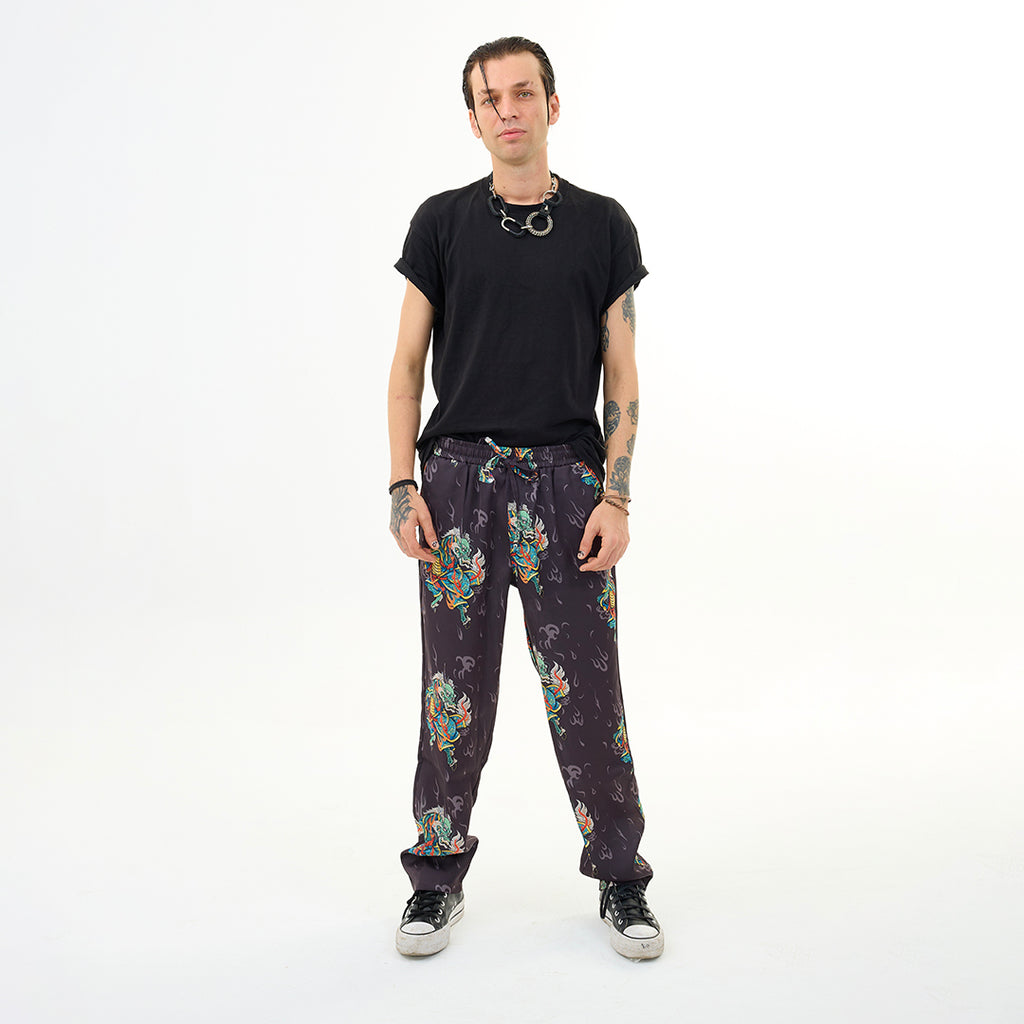 Antrasit Kirin Ejderha Desenli Relaxed Fit Pantolon