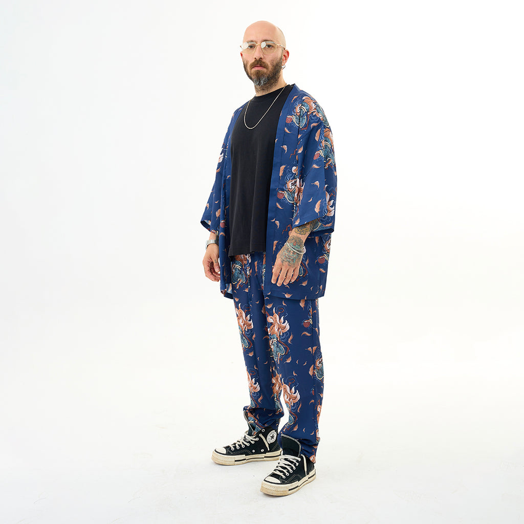 Lacivert Kitsune Tilki Desenli Relaxed Fit Pantolon