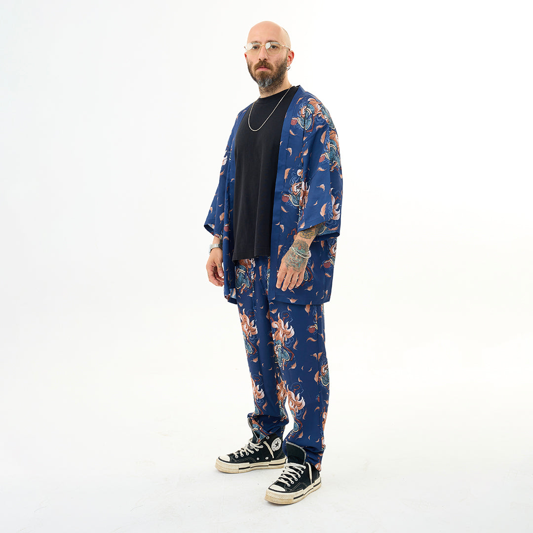 Lacivert Kitsune Tilki Desenli Relaxed Fit Pantolon