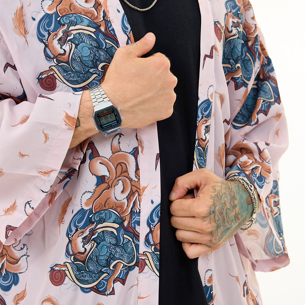 Pembe Kitsune Tilki Desenli Kimono Gömlek