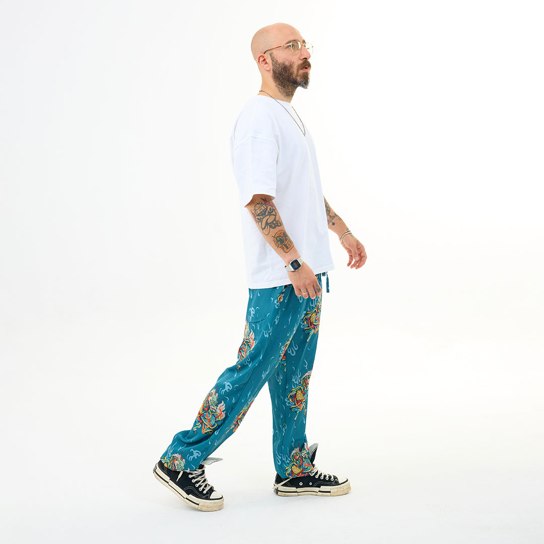 Boğaz Mavisi Kirin Ejderha Desenli Relaxed Fit Pantolon