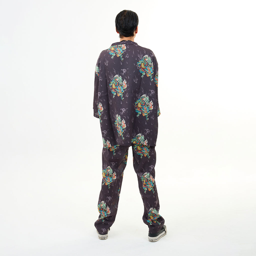 Antrasit Kirin Ejderha Desenli Relaxed Fit Pantolon