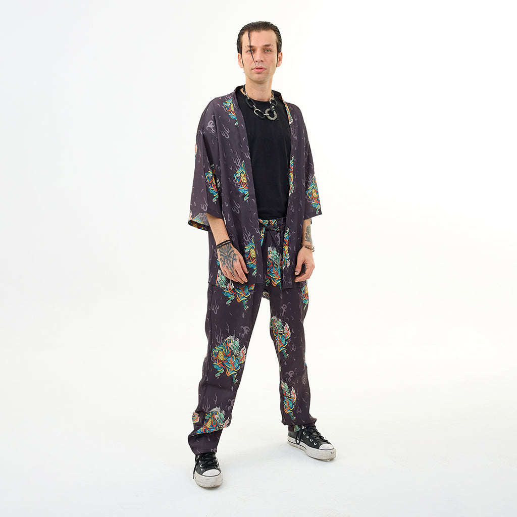 Antrasit Kirin Ejderha Desenli Relaxed Fit Pantolon
