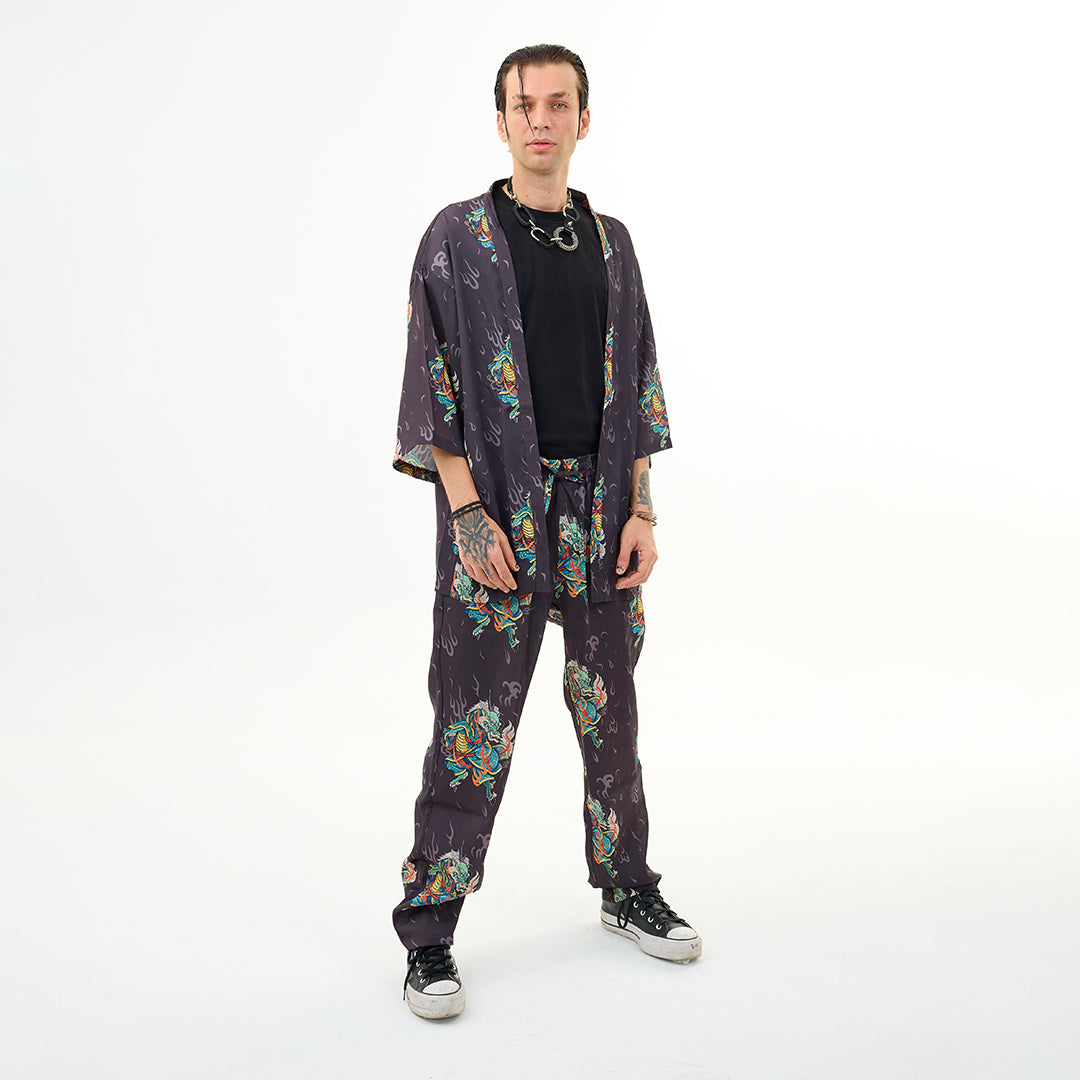 Antrasit Kirin Ejderha Desenli Relaxed Fit Pantolon