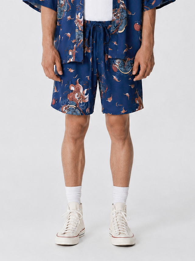 Lacivert Kitsune Tilki Desenli Relaxed Fit Şort