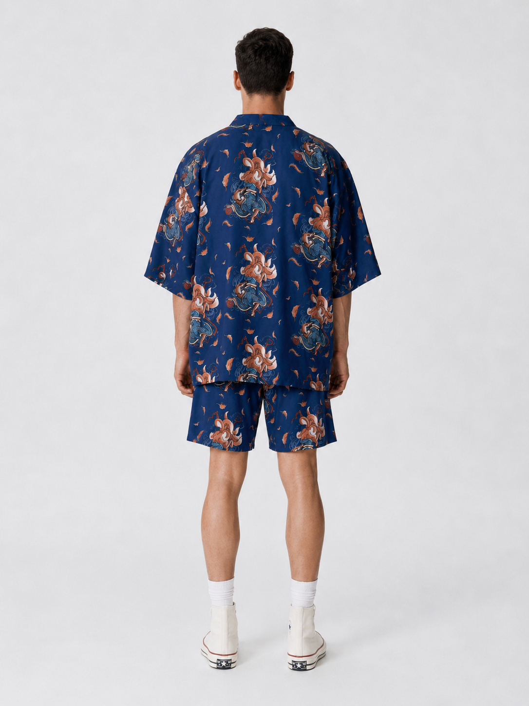 Lacivert Kitsune Tilki Desenli Relaxed Fit Şort