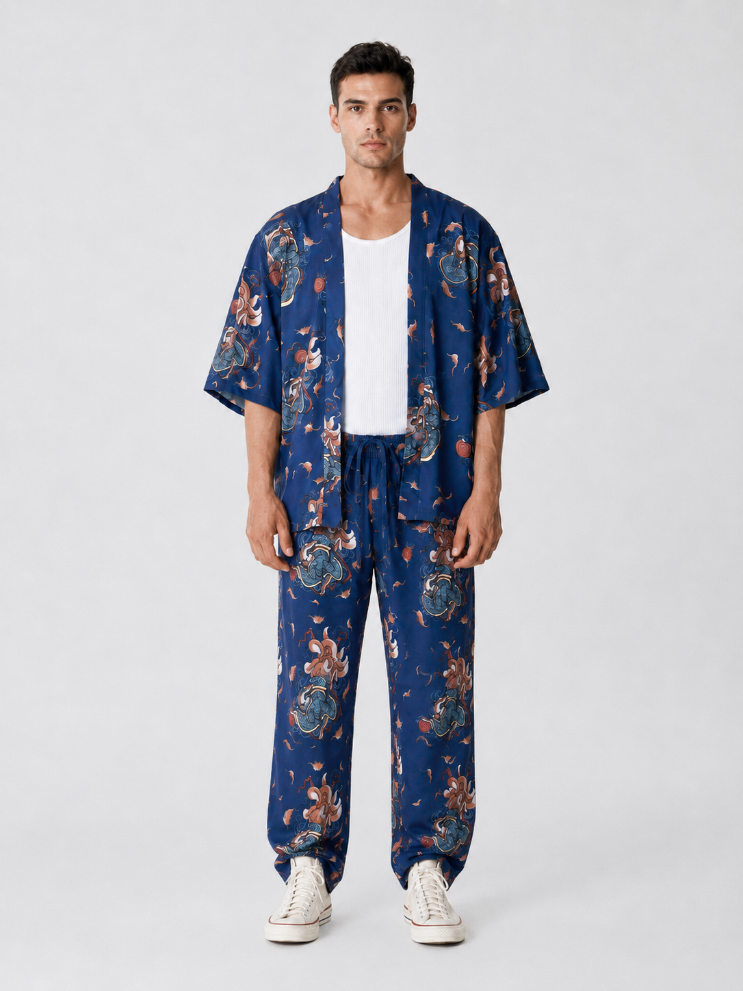 Lacivert Kitsune Tilki Desenli Relaxed Fit Pantolon