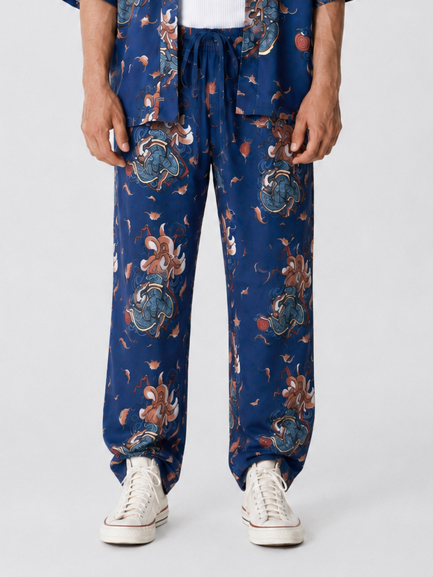 Lacivert Kitsune Tilki Desenli Relaxed Fit Pantolon