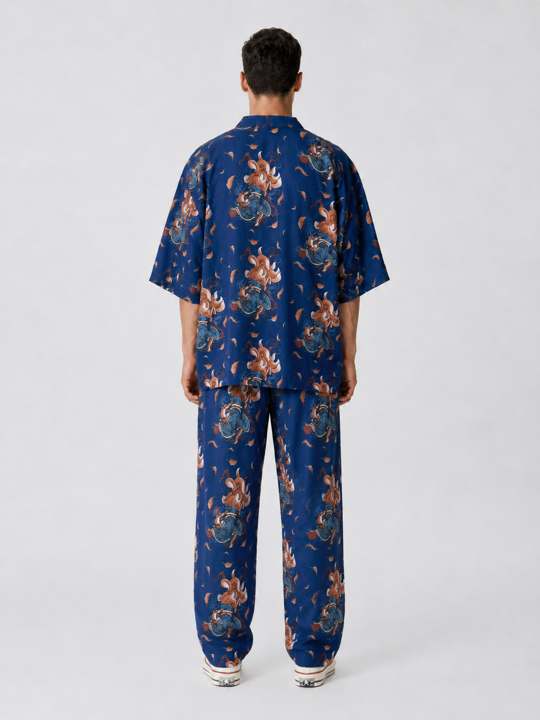 Lacivert Kitsune Tilki Desenli Kimono Gömlek