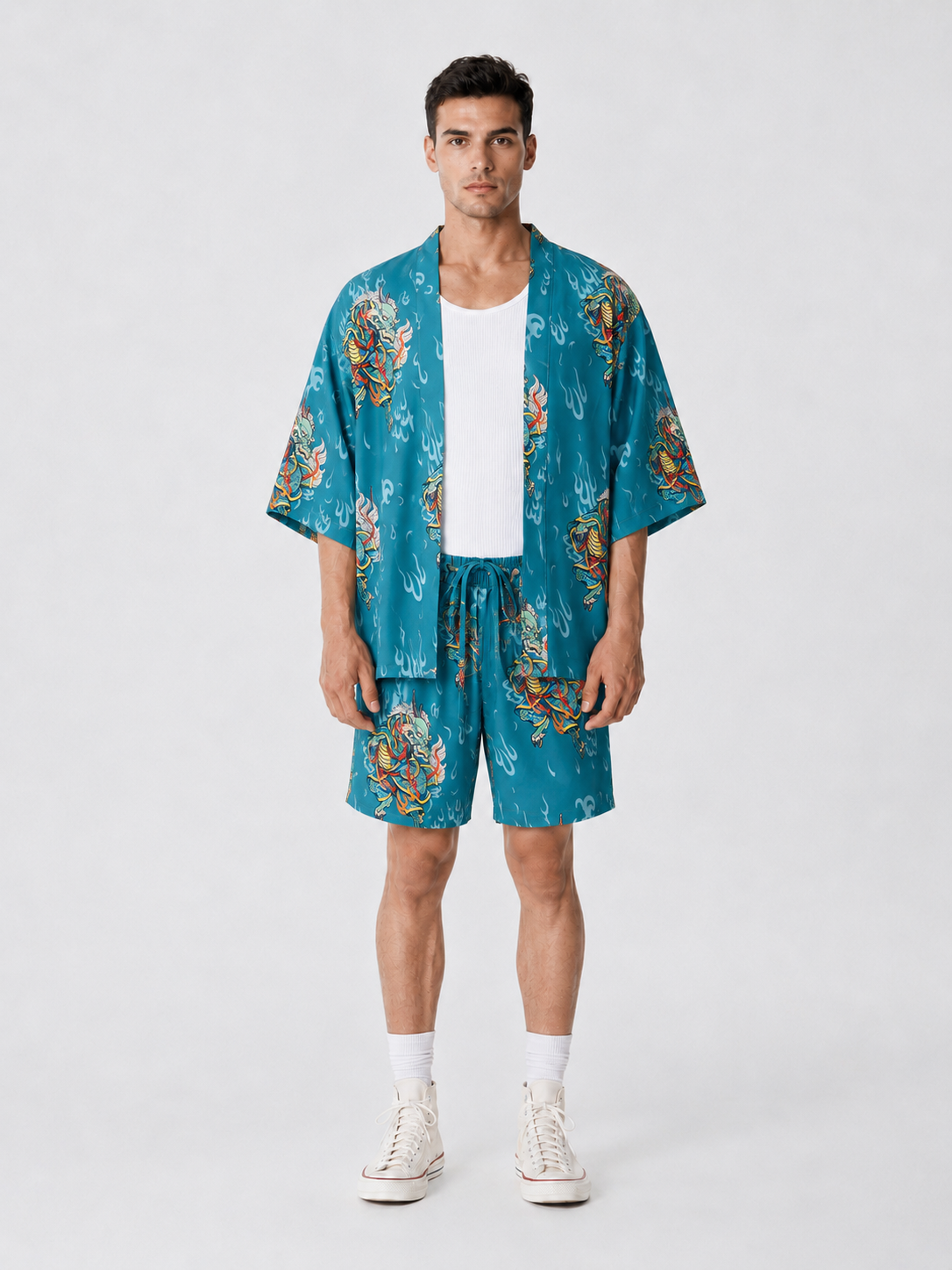 Boğaz Mavisi Kirin Ejderha Desenli Kimono Gömlek