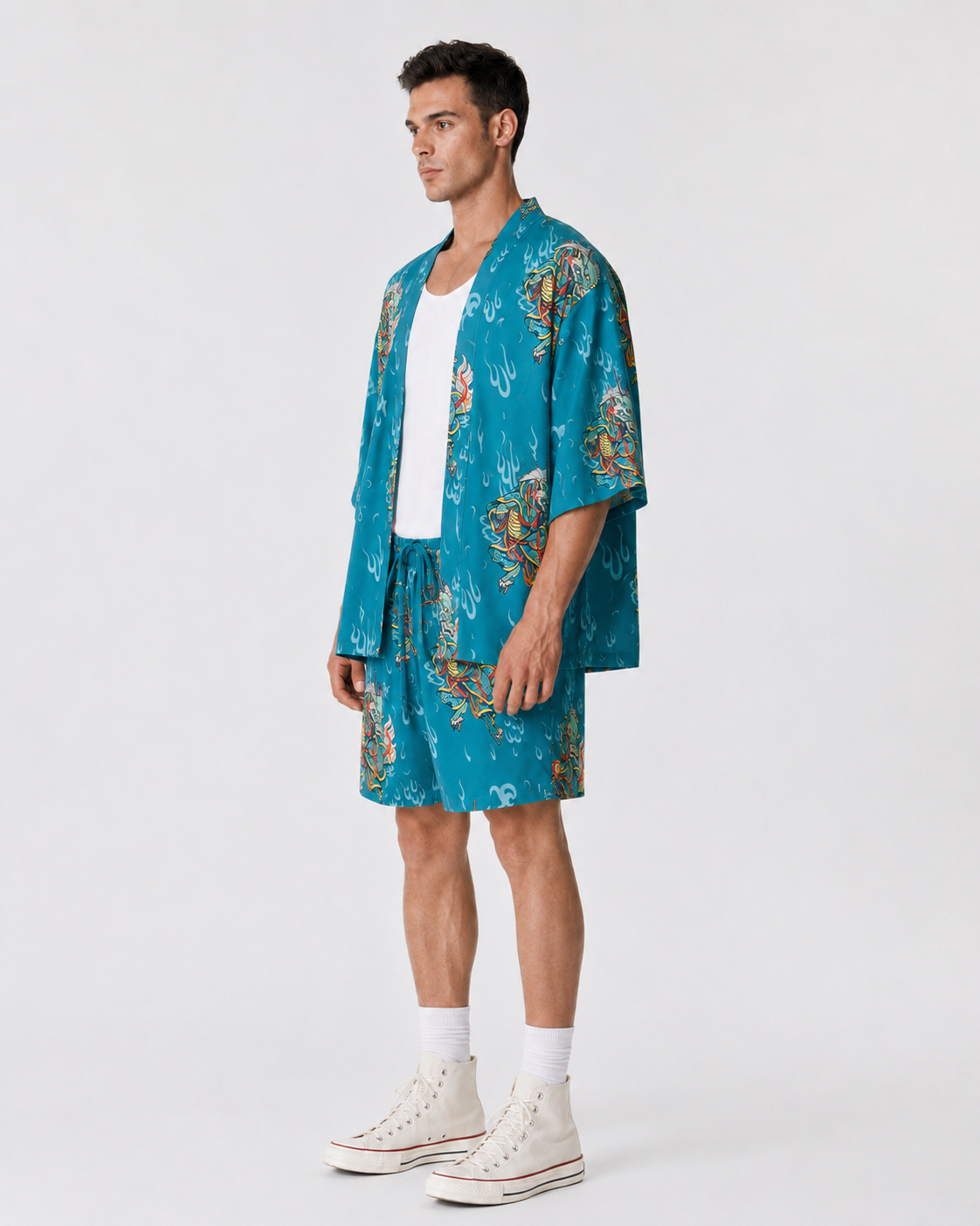 Boğaz Mavisi Kirin Ejderha Desenli Kimono Gömlek