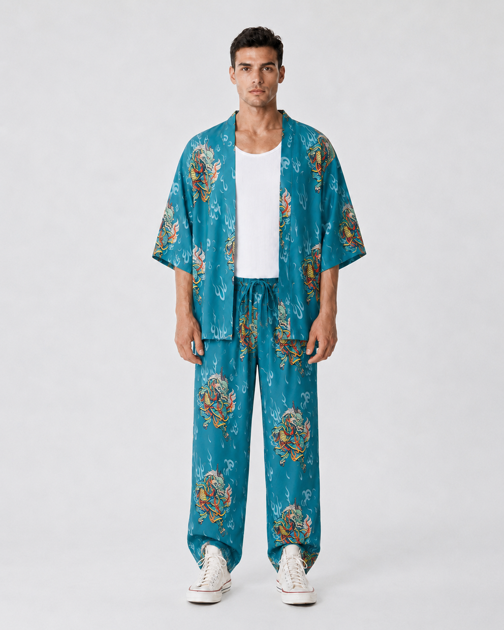 Boğaz Mavisi Kirin Ejderha Desenli Kimono Gömlek