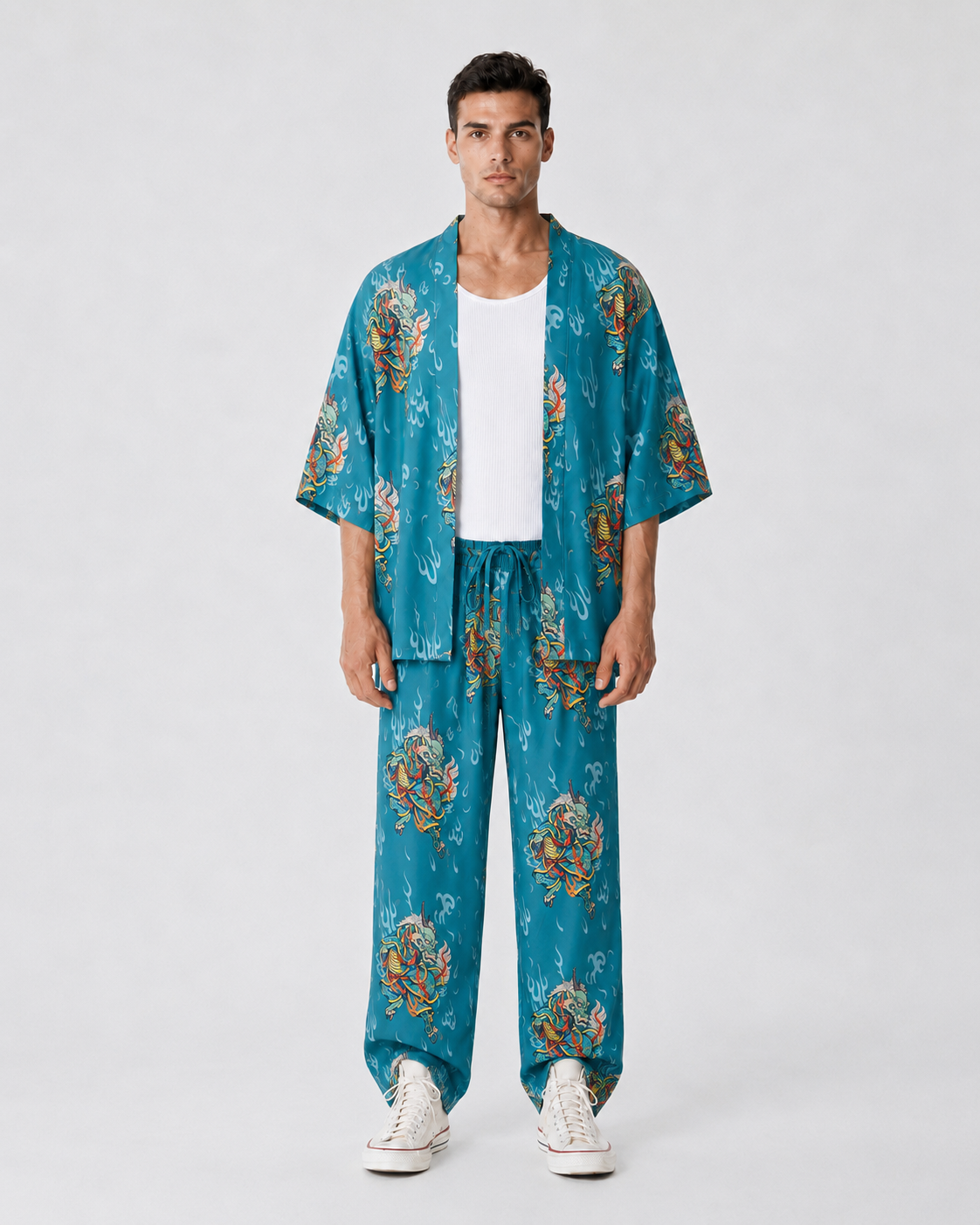 Boğaz Mavisi Kirin Ejderha Desenli Kimono Gömlek