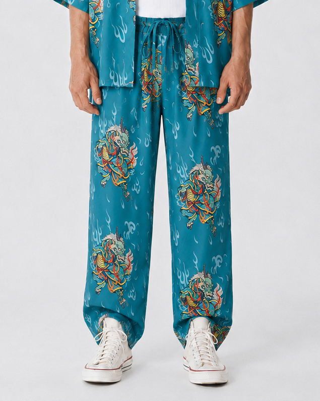 Boğaz Mavisi Kirin Ejderha Desenli Relaxed Fit Pantolon
