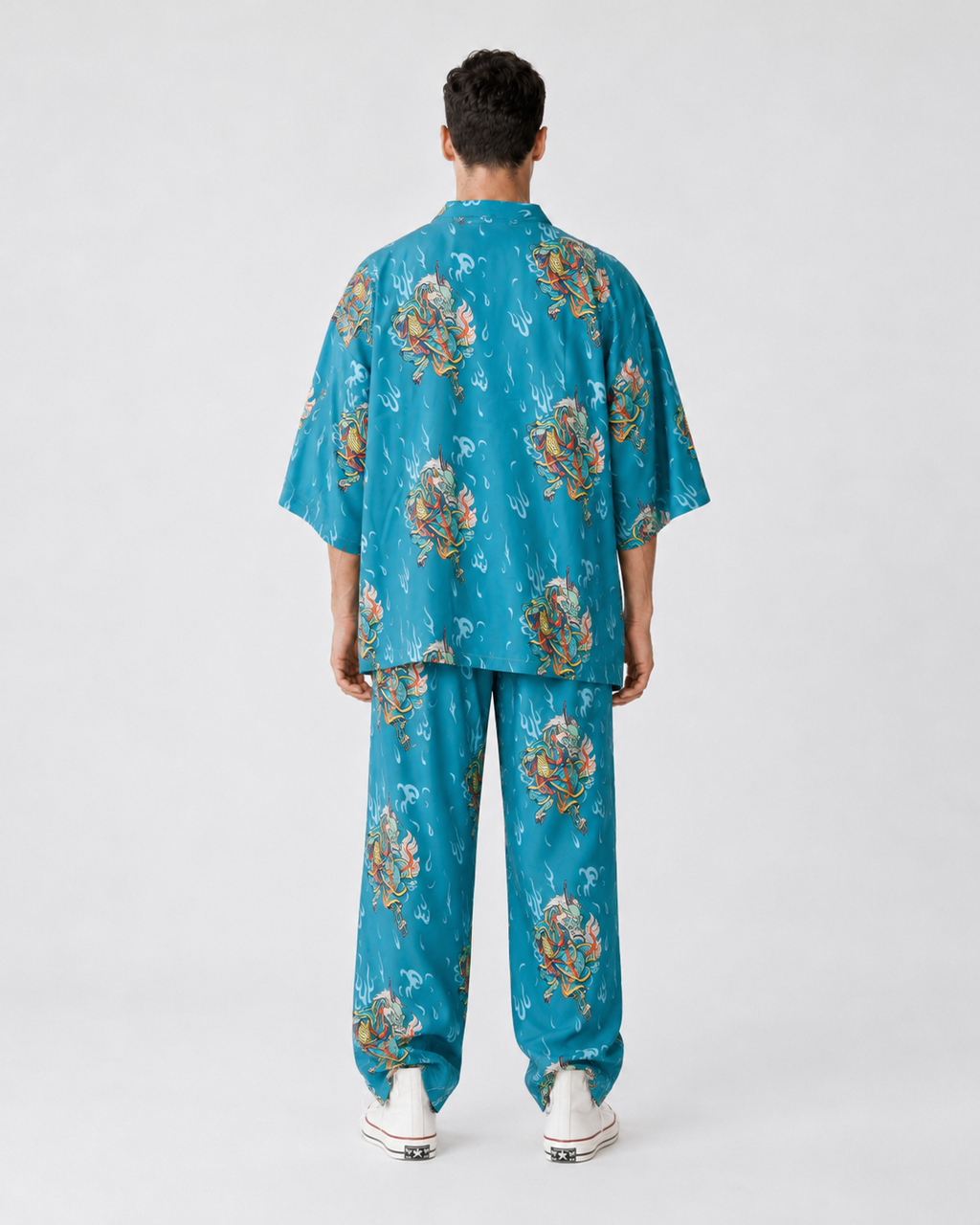 Boğaz Mavisi Kirin Ejderha Desenli Relaxed Fit Pantolon