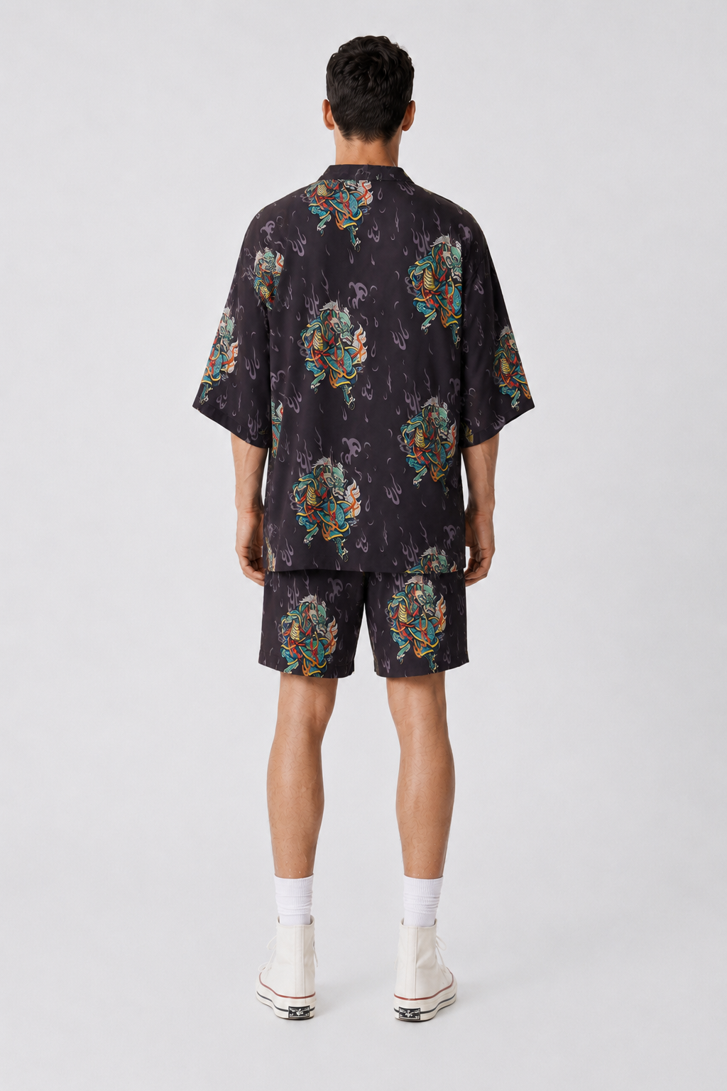 Antrasit Kirin Ejderha Desenli Kimono Gömlek