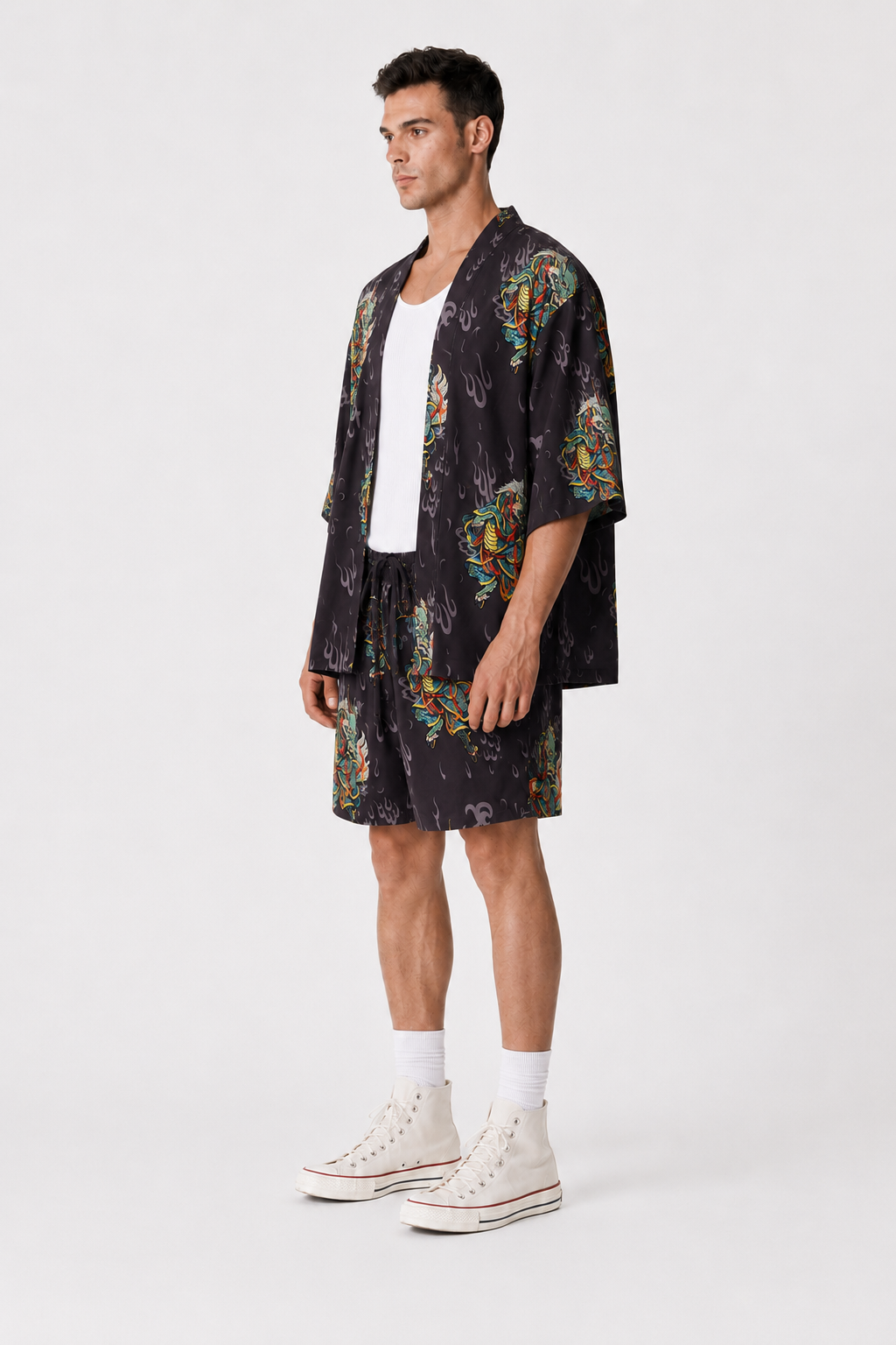 Antrasit Kirin Ejderha Desenli Kimono Gömlek