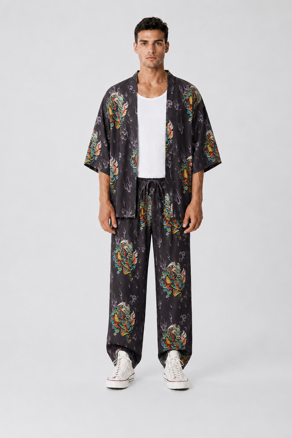 Antrasit Kirin Ejderha Desenli Relaxed Fit Pantolon