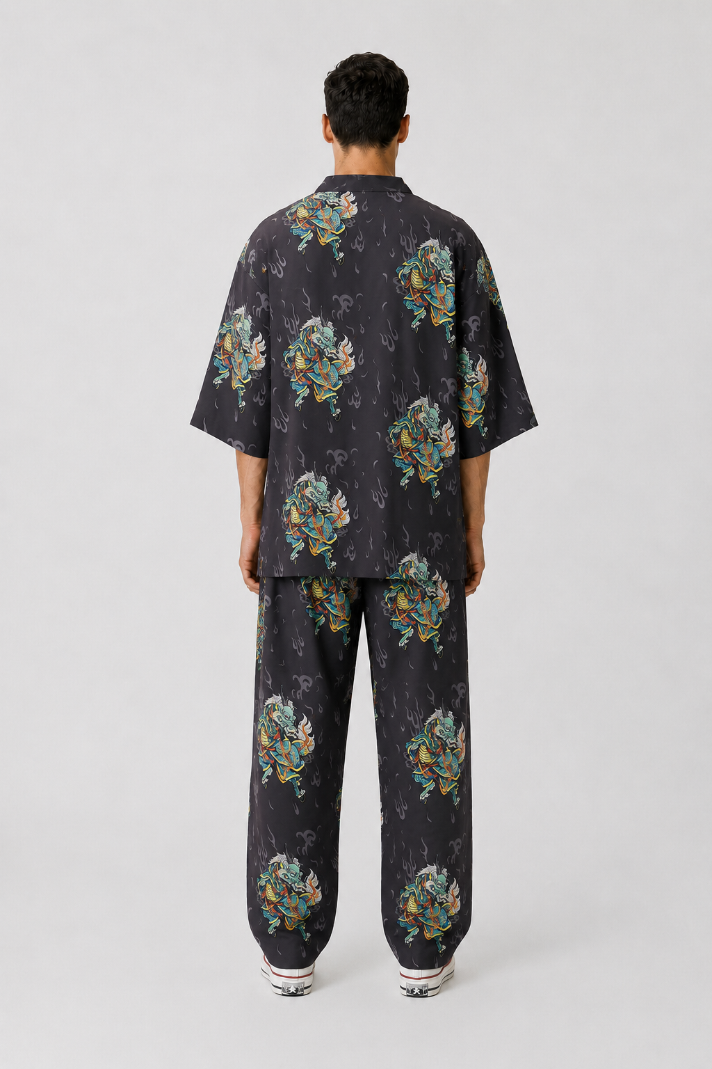 Antrasit Kirin Ejderha Desenli Relaxed Fit Pantolon