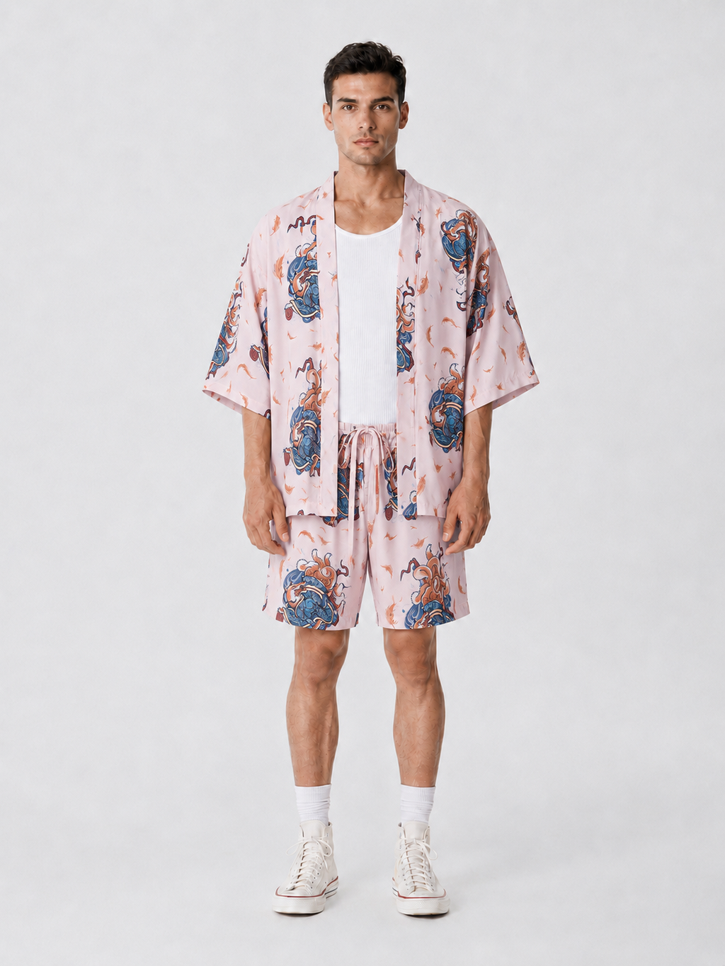 Pembe Kitsune Tilki Desenli Kimono Gömlek