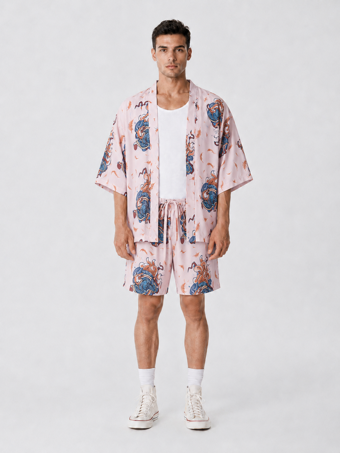 Pembe Kitsune Tilki Desenli Kimono Gömlek
