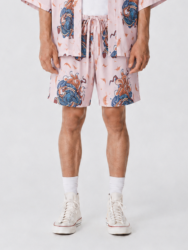 Pembe Kitsune Tilki Desenli Relaxed Fit Şort