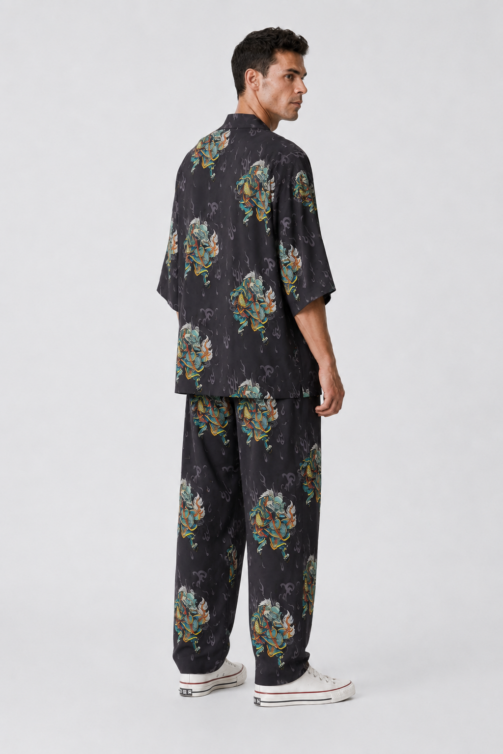 Antrasit Kirin Ejderha Desenli Relaxed Fit Pantolon