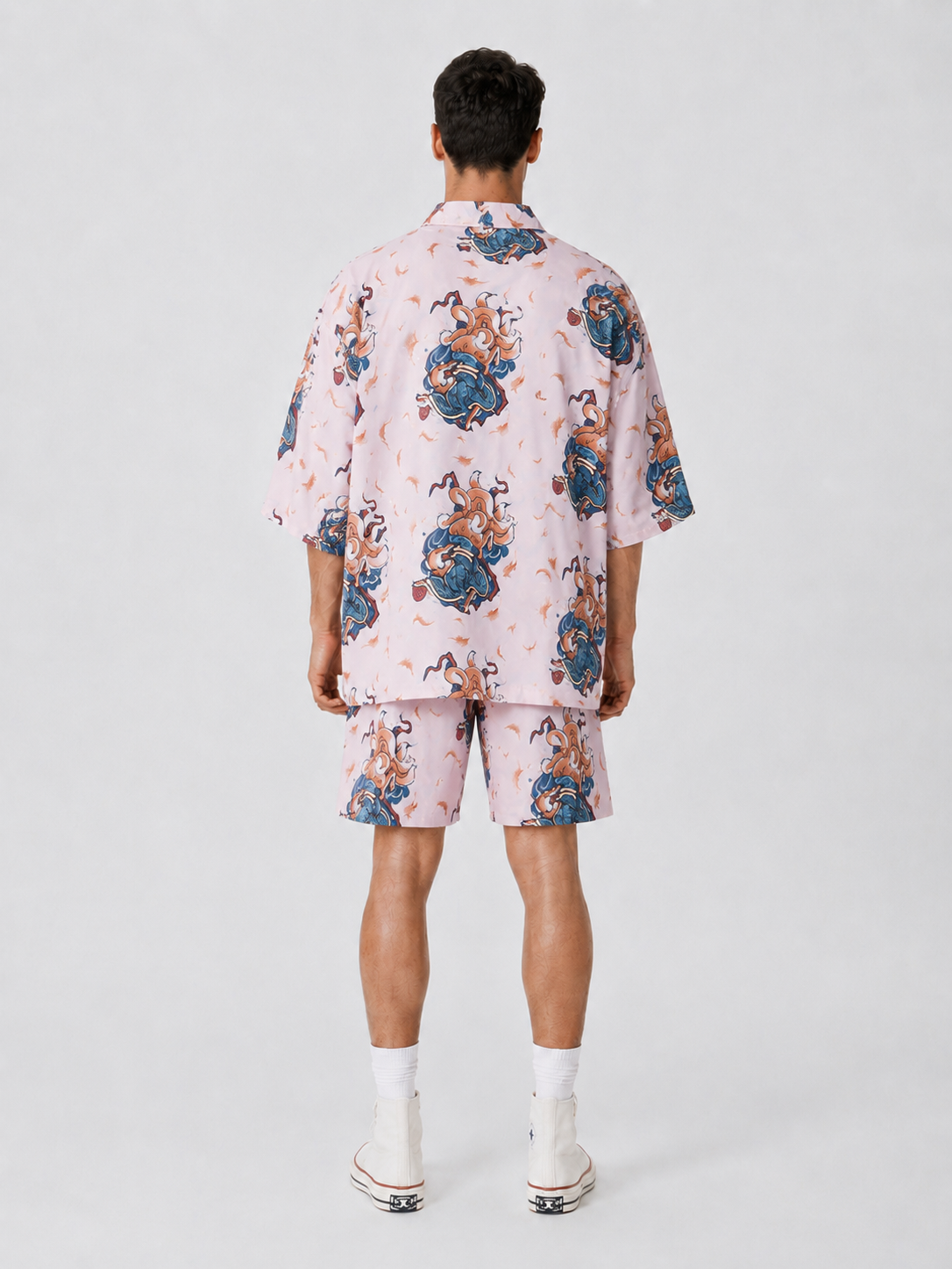 Pembe Kitsune Tilki Desenli Relaxed Fit Şort