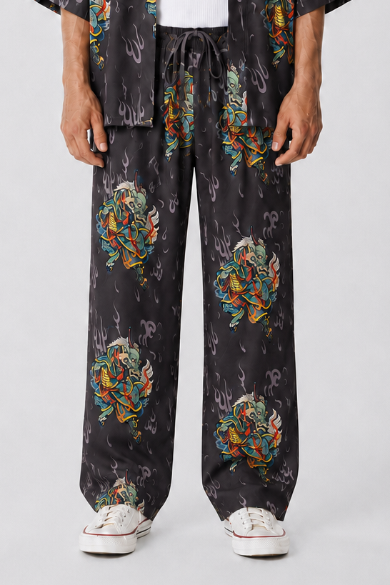 Antrasit Kirin Ejderha Desenli Relaxed Fit Pantolon