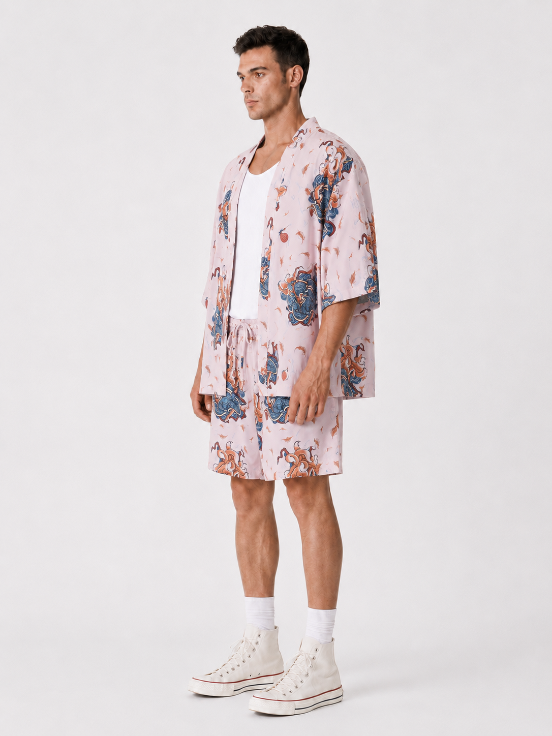Pembe Kitsune Tilki Desenli Kimono Gömlek