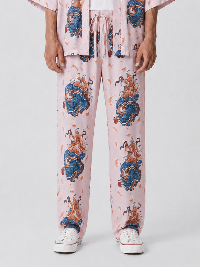 Pembe Kitsune Tilki Desenli Relaxed Fit Pantolon